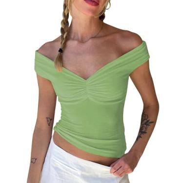 Imagem de Balimtoy Blusa feminina com ombros de fora, sem mangas, costas nuas, cropped para sair, gola V, caimento justo, bustiê, roupas Y2K, Verde menta, M
