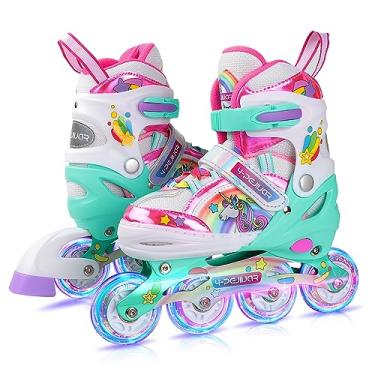 Imagem de Patins em linha arco-íris unicórnio para meninas adolescentes e mulheres, patins 4-Pejiijar para meninas de 6 a 8 a 12 anos com rodas luminosas, sapatos de rolo ajustáveis para crianças para presentes