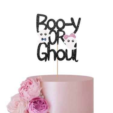 Imagem de ANNATZQ Topo de bolo preto para decoração de bolo revelação de gênero, topo de bolo BOO-Y ou Ghoul, topo de bolo para chá de bebê, suprimentos de decoração de festa de Halloween fantasma com glitter