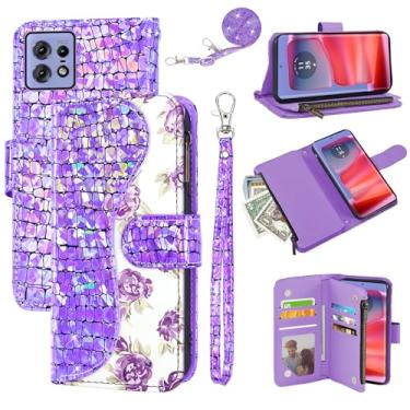 Imagem de Dibosom Capa carteira floral para Moto Edge 50 pro 5G com alça de pulso alça de ombro flip zíper bolsa porta-cartão, suporte de couro PU de luxo com glitter Bling capa de celular para Moto Edge 50 pro