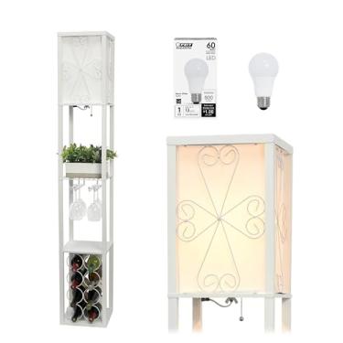 Imagem de Simple Designs LF1015-WHT-LB Lâmpada de piso organizadora de três prateleiras para armazenamento e rack de vinho com sombra de linho branco para sala de estar, quarto, escritório, corredor, branco,