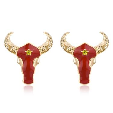 Imagem de Brincos vintage de touro vermelho ocidental para mulheres, banhado a ouro 14 quilates, esmaltado, brincos de cabeça de gado com zircônia cúbica para cowgirl ocidental, joias de animais modernas,