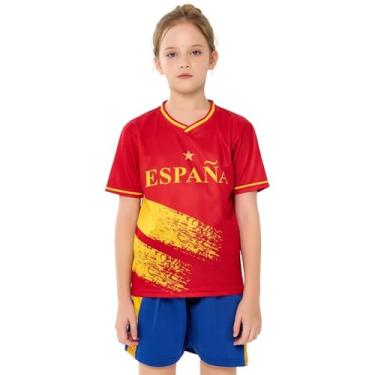 Imagem de Bolognifi Camisa de futebol infantil, camiseta da Copa Europeia/Américas, meninos e meninas, conjunto de shorts esportivos de futebol com meia manga(Spain,11-12A)