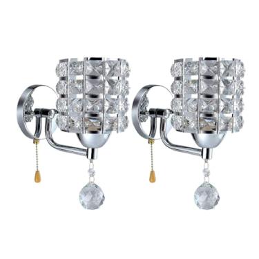 Imagem de Pacote com 2 arandelas de cristal, luminárias de decoração para casa com arte em cristal com prisma retrô e interruptor de corrente, luminária de parede interna cilíndrica, luzes de cabeceir