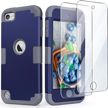 Imagem de Capa para iPod Touch 7 com 2 protetores de tela, capa para iPod 6, capa de policarbonato rígido IDweel 3 em 1 + capa rígida de silicone à prova de choque para crianças para 2019 iPod Touch 7ª/6ª/5ª geração, Navy Blue + Gray