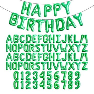 Imagem de [85 peças] Balões com números de letra verde de 40,6 cm, feliz aniversário e 2 conjuntos de A-Z 0-9, alfabeto suspenso de alumínio Mylar para decoração de festa de aniversário de formatura de Ano Novo