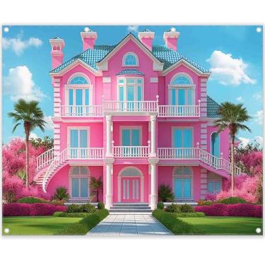 Imagem de ZTHMOE Tecido 3 x 2,4 m rosa casa fotografia pano de fundo princesa castelo mansão brinquedo fundo verão tropical crianças decoração festa dos sonhos menina aniversário cabine de fotos