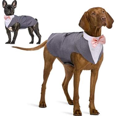 Imagem de IDOMIK Terno de smoking para cães pequenos, médios e grandes, colete formal de smoking para cães com gravata borboleta destacável, conjunto de cachecol e bandana, camisa para traje de casamento para festa de aniversário, fantasia cinza