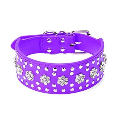 Imagem de Coleiras para cachorro com strass e estampa de flores com strass da Haoyueer com diamantes de cristal brilhantes, brilhantes, elegantes, chiques, de couro PU para cães de porte médio e grandehaoyueer L roxo C0100110395