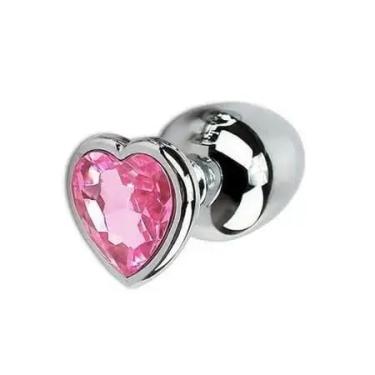 Imagem de Plug Anal em Aço Inoxidável com Cristal Coração Rosa, 7cm, Base em Formato de Coração