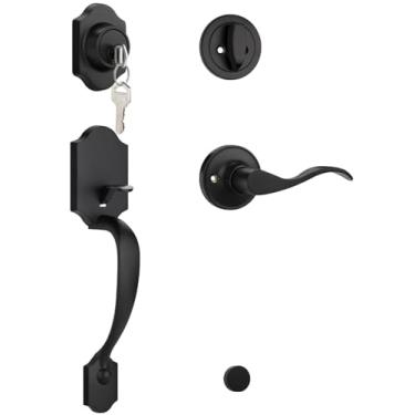 Imagem de EHOMEWARE Conjunto de 1 fechadura de porta frontal, maçanetas pretas, maçaneta externa com fechadura única, maçaneta de porta reversível para portas canhotas/direitas