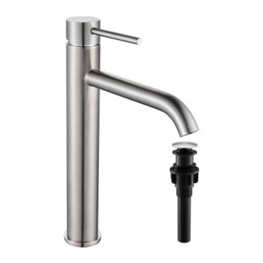 Imagem de Chiczam Torneira de pia de vaso de banheiro alto de níquel escovado com um furo único torneira de banheiro alta, com ralo pop-up e linha de abastecimento de água torneira de pia de aço inoxidável