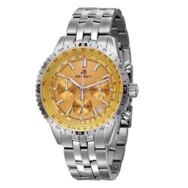 Imagem de BERNY Relógio cronógrafo com taquímetro analógico de quartzo para homens, relógio de pulso masculino de vidro de safira para esportes, relógio de pulso masculino de aço inoxidável com calendário de