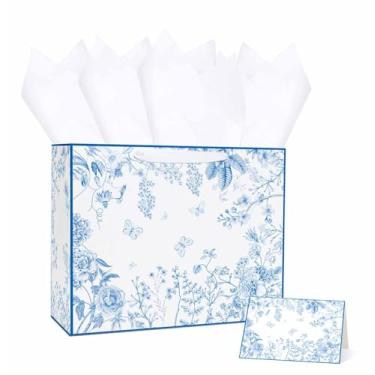 Imagem de MUNILAIL Saco de presente floral azul de 33 cm com alça de papel de seda e cartão de felicitações, bolsa de presente de flores para casamento, nupcial, chá de bebê, festa de aniversário, grande bolsa