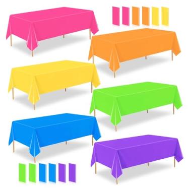 Imagem de ZHIAXTON Pacote com 12 toalhas de mesa neon, toalhas de mesa coloridas de plástico descartáveis, 137 x 272 cm, toalhas de mesa retangulares que brilham no escuro para casamentos, piqueniques