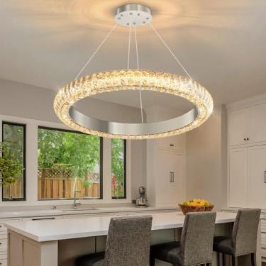 Imagem de Lustre de cristal moderno de LED regulável de 61 cm com altura ajustável, lustre de cristal redondo, luminárias para sala de jantar, sala de estar, cozinha, ilha, prata