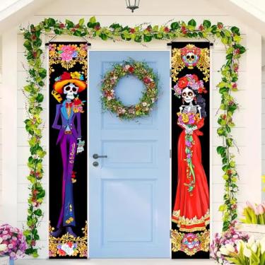 Imagem de BlissYard Dia dos Mortos Esqueleto Casal Porta Banners 30,5 x 188 cm Decoração de Varanda Frontal Halloween para Día de los Muertos Caveira Mexicana Festa de Casamento Decoração Interior Exterior