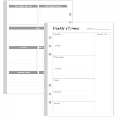 Imagem de Recargas de agenda semanal para fichários A5 – 53 folhas/106 páginas, agenda semanal sem data, perfurada com 6 furos, papel branco de 100 g/m², dura 1 ano, sem data, 14,7 x 21 cm, preto