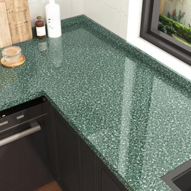 Imagem de Mangoloo Papel de contato verde esmeralda para bancadas, cozinha, armário de banheiro, mesa, papel de parede de mármore verde, impermeável, descasque e cole bancadas, papel de mármore brilhante