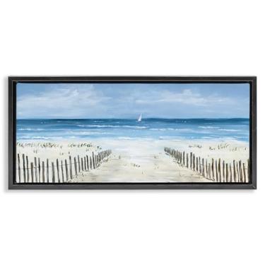 Imagem de Stupell Industries Arte de parede em tela flutuante com moldura preta para veleiro e cerca de praia, design de Georgie Harrison, 35,5 x 78,5 cm