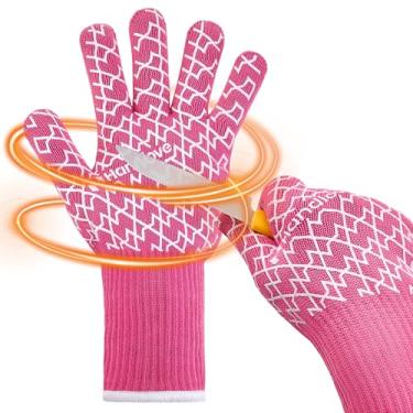Imagem de HandLove Luvas de churrasco, luvas de forno com dedos – luvas resistentes ao calor para grelhar | Punho de silicone, luvas de punho longo - cozinha e churrasco ao ar livre, cozinhar, assar, rosa P/M