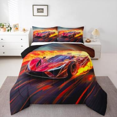 Imagem de jejeloiu Conjunto de cama infantil de carro de corrida macio para meninos e meninas, conjunto de edredom vermelho, tamanho casal, edredom de microfibra refrescante, carro, decoração de quarto, 3 peças