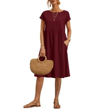 Imagem de Vestido midi Zhyaj de algodão com gola redonda, manga curta e bolsos