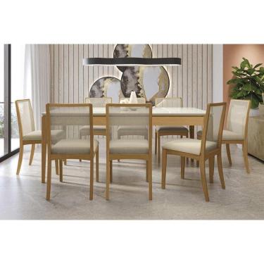 Imagem de Conjunto Sala de Jantar Mira Premium Madeira Maciça c/ Tampo Madeirado c/ Vidro 200x100cm e 8 Cadeiras Lara Carvalho/Off White - Linho Bege Argila-Kap