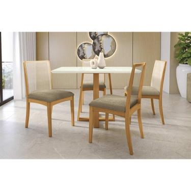 Imagem de Conjunto Sala de Jantar Elma Premium Madeira Maciça c/ Tampo Madeirado c/ Vidro 120x80cm e 4 Cadeiras Lara Carvalho/Off White - Boucle Bege Fendi-Kapp
