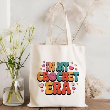 Imagem de Bolsa de lona In My Crochet Era para mulheres amantes de crochê, bolsa de ombro reutilizável para compras de supermercado de crochê para amantes de costura