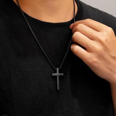 Imagem de Colar de cruz para homens e mulheres, prata banhado a ouro preto cruz pingente caixa corrente aço inoxidável joias presentes, One Size, Aço inoxidável, Sem Pedra Preciosa
