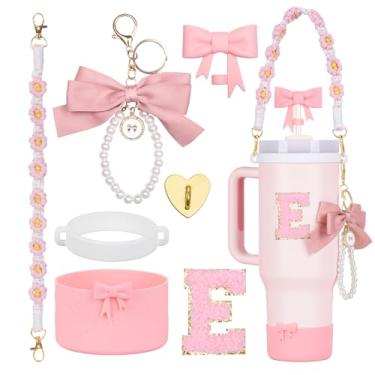 Imagem de Rabrgab Conjunto de acessórios para copo Stanley rosa com 7 peças – topo de palha com laço, pingente de laço fofo, bota de silicone com design de laço, alça de alça de garrafa de água e adesivo de