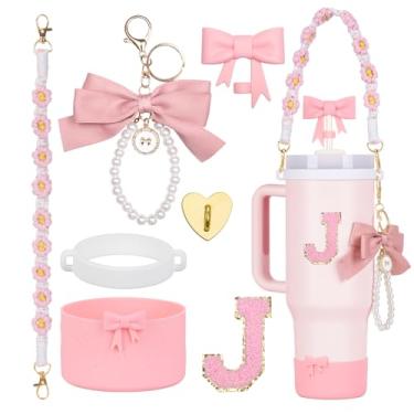 Imagem de Rabrgab Conjunto de acessórios para copo Stanley rosa de 7 peças – topo de palha com laço, pingente de laço fofo, bota de silicone com design de laço, alça de alça de garrafa de água e adesivo de