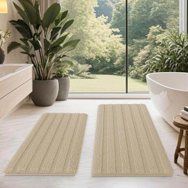 Imagem de ACCUMTEK Conjunto de tapete de banheiro bege listrado 2 peças 81 x 50 cm + 61 x 43 cm ultramacio, tapetes de banho de chenille antiderrapantes, tapetes de banho felpudos absorventes para banheiro