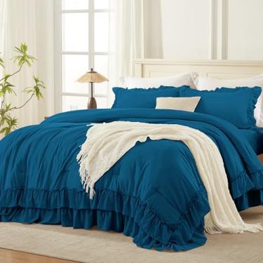 Imagem de Andency Conjunto de edredom queen azul-petróleo (224 x 224 cm), conjunto de cama de 3 peças, leve, fofo, para cama queen, casa de fazenda, chique, macio para todas as estações