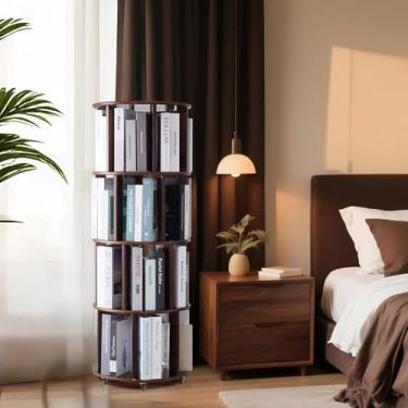 Imagem de Rise Torrent Estante giratória de madeira maciça de 4 camadas sobre rodas, estante de livros de piso redondo de 360°, organizador de canto para pequenos espaços para quarto, sala de estar, escritório