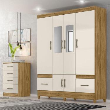 Imagem de Guarda Roupa Casal Ambiente Ms912 Com Espelho E Cômoda Ms913 Freijó Off White - Moval