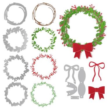 Imagem de 6 peças de guirlanda de laço de Natal para fazer cartões, folhas de azevinho, frutas silvestres, matrizes de corte de metal para scrapbook, artesanato em papel