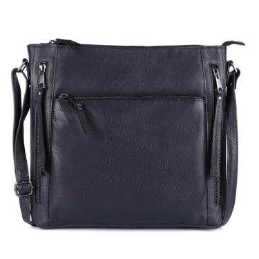 Imagem de LEDERBUCK Bolsa de ombro feminina Grace Soft Napa, couro verdadeiro, grande, cruzada, com zíper duplo, Azul marino, Large, Bolsa tiracolo