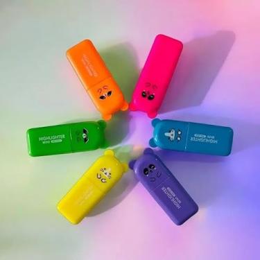 Imagem de BESTDI Mini Marcador de Texto Kawaii, 6 Cores Pastéis, Formato guaxinim com Rostinhos, Ponta Chanfrada 3mm, Plástico, para Papéis e Documentos