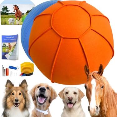 Imagem de BabieDtOyG Bola de pastoreio para cães, bola de cavalo de 63,5 cm com capa, bolas de pastoreio de cães grandes com bomba manual, brinquedos de cavalo para brincar com obstáculos/ouvir (laranja)