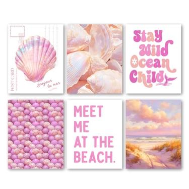 Imagem de Bgohrd Conjunto de pôster rosa para praia, estampa de arte de parede de ostra de conchas rosa para decoração de sala de estar, pôster moderno de pintura do oceano costeiro para quarto de dormitório de