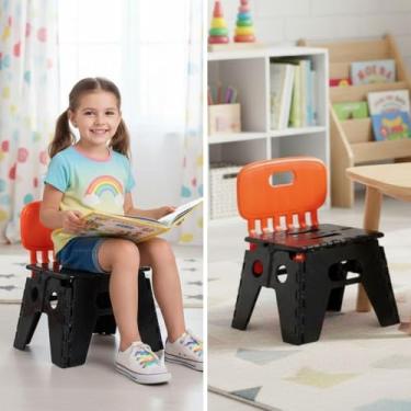 Imagem de Banquinho Banqueta Dobrável C/Encosto Preta e Laranja Portátil, Plástico Resistente com Alça, Design Ergonômico para Uso Doméstico