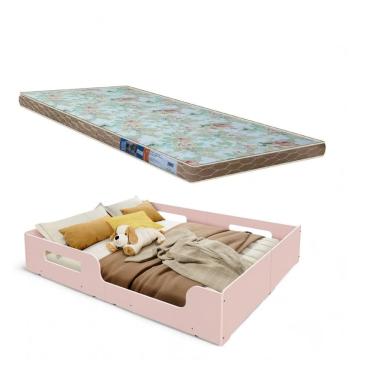 Imagem de Cama Casal Montessoriana Infantil Princesa Grade de Proteção Lateral + Colchão D23 -Rosa