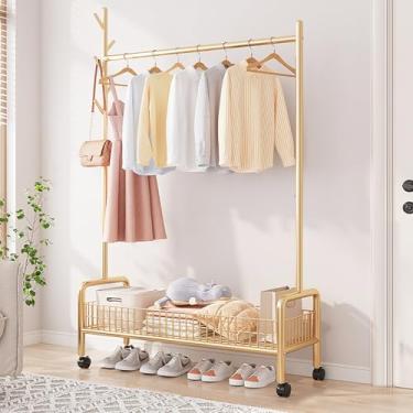 Imagem de Pleatopia Arara de roupas com prateleiras de armazenamento, suporte de roupas resistente com rodas para quarto, sala de estar, organização de lavanderia