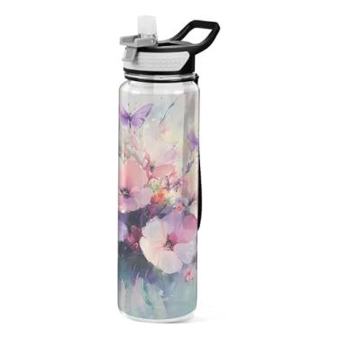 Imagem de xigua Garrafa de água com buquê floral em aquarela com tampa de palha, garrafas de água transparentes à prova de vazamentos para esportes ao ar livre, bebida, fitness, treino, viagem, 940 ml