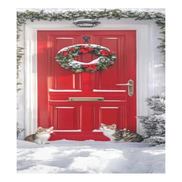 Imagem de STAYTOP Porta vermelha festiva guirlanda de Natal capa magnética para máquina de lavar louça, 58 x 66 cm, capa decorativa para geladeira para porta da frente, adesivo, máquina de lavar, painel de