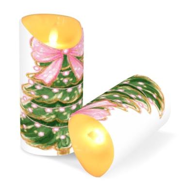 Imagem de ATTX Pacote com 2 velas sem chamas para árvore de Natal com laço rosa - 7,6 cm x 15 cm com controle remoto e temporizador para decoração de casa, casamento, acampamento #234