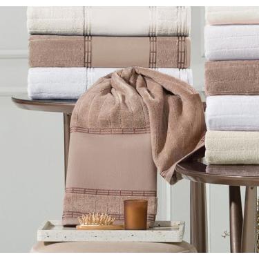Imagem de Kit 12 Peças de Toalha de Lavabo Bellarte Social Avelã -100% Algodão (30x50cm) 420g/m² Veludo Canelado com Barra Lisa 12cm, Hipoalergênico.