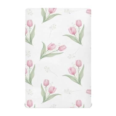 Imagem de Burbuja Lençol de berço tulipas para meninos e meninas, lençol com elástico 71 x 132 cm para colchões de berço padrão e infantil, macio e respirável